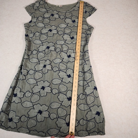 Puro Lino Linen Floral Embroidered Dress Sleeveless Casual Olive Green - Picture 4 of 7
